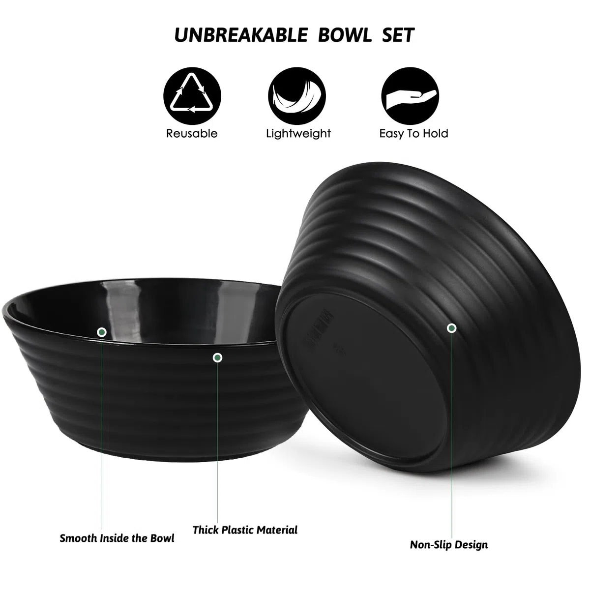 Greentainer Set de 4 Boles 1500ml, Cuencos de Plástico Irrompibles para Ensalada, Sopa y Cereal, Aptos para Microondas y Lavavajillas, Libre de BPA, Negro