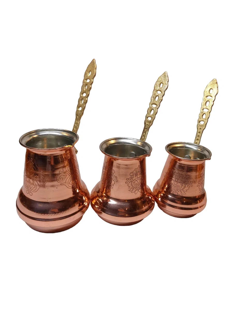 LEO Design Cafetera turca de 5 tamaños, cafetera griega árabe, estufa de café de 3 mm de grosor, martillada maciza, hecha a mano, de cobre, grabado Cezve Ibrik Briki con mango de madera/latón (mango