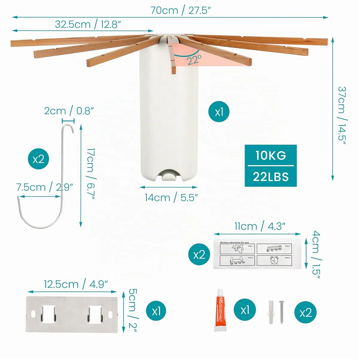 BELLE VOUS Tendedero Plegable de Pared - Tenderete Retractil con Brazos Colgantes de Madera para Secar Ropa en Interior o Exterior - Tendal Colgador Retráctil Extensible
