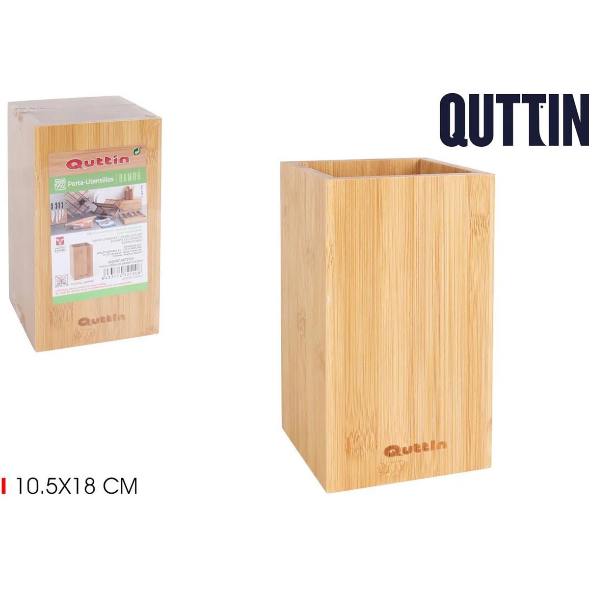 Quttin | Bote para Utensilios de Cocina en Bambú Natural Soporte Organizador de 10,5 x 10,5 x 18 cm | Bote Utensilios Cocina Elegante y Duradero Ideal para Almacenar Cucharas, Espátulas y Más