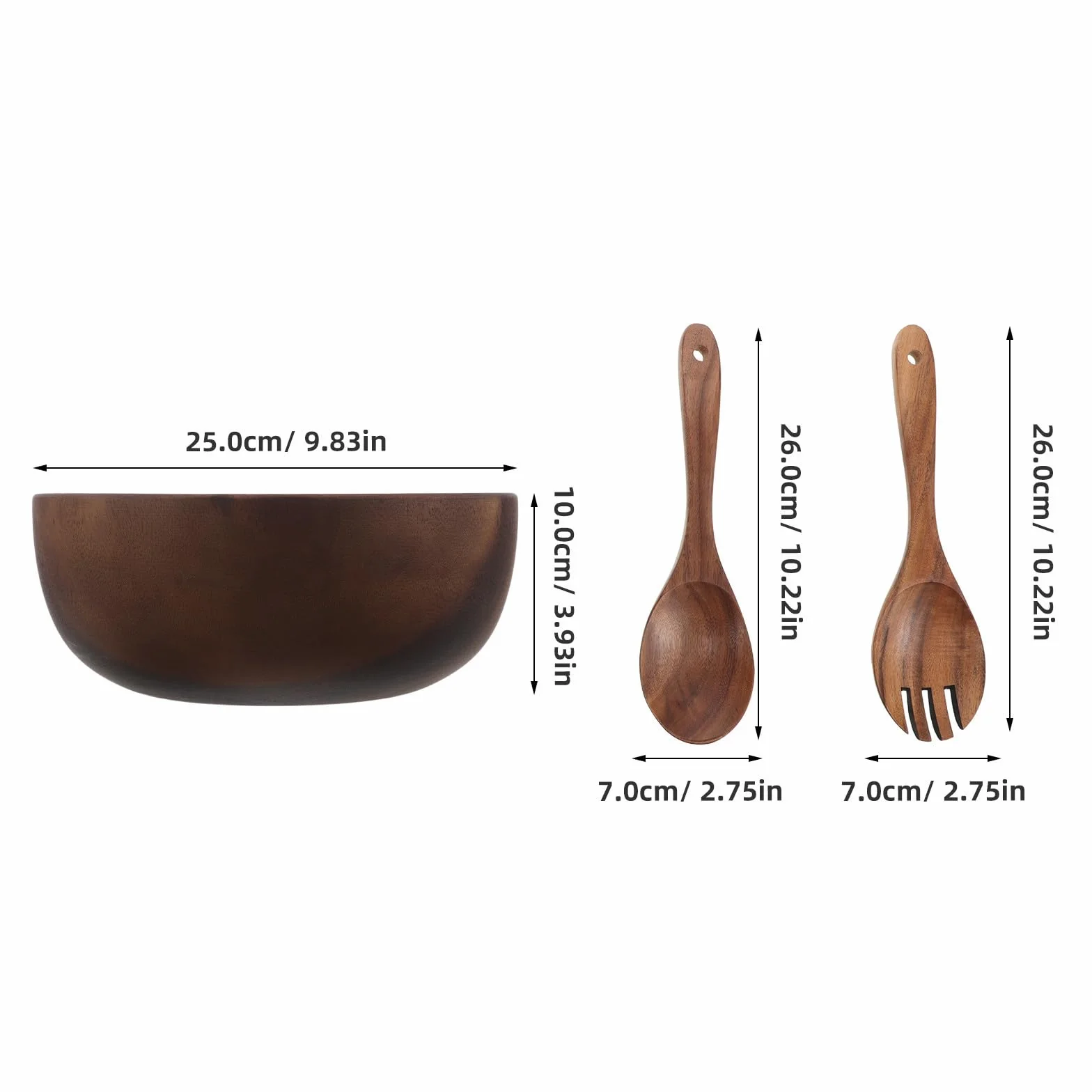 Juego de Ensaladera de Madera de Acacia de 2,5 L con Cucharas y Tenedor para Ensaladas, Diseño Rústico y Capacidad Generosa para Uso Diario y Ocasiones Obsequios