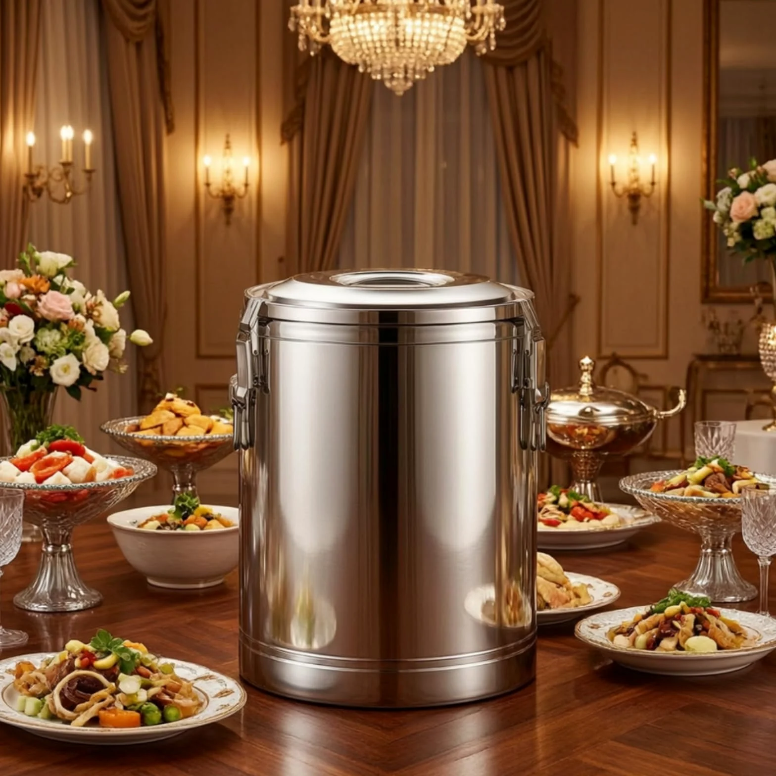 Cubo Térmico con Tapa Comercial Contenedor Isotérmico Acero Inoxidable Reutilizable Termo Industrial para Restaurantes, Bufés, 50L, Con Grifo