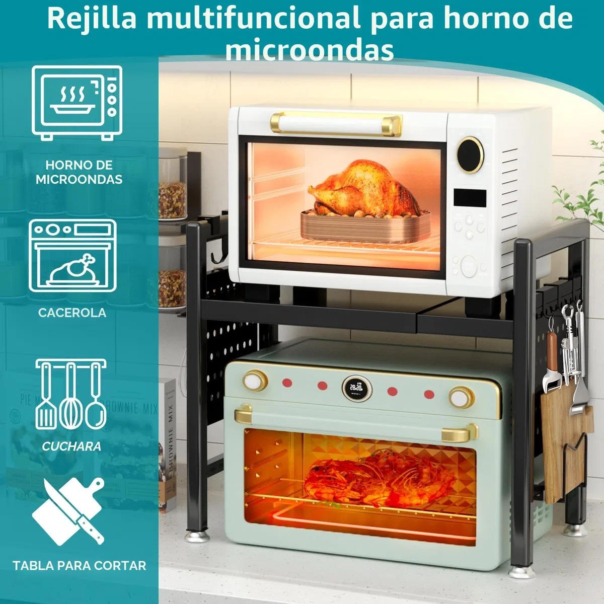 Soporte Extensible para Microondas de 2 Niveles, Soporte Microondas Extensible 40-65cm, Estante Microondas, Mueble para Microondas con Soporte para Tabla de Cortar, 6 Ganchos (Negro)