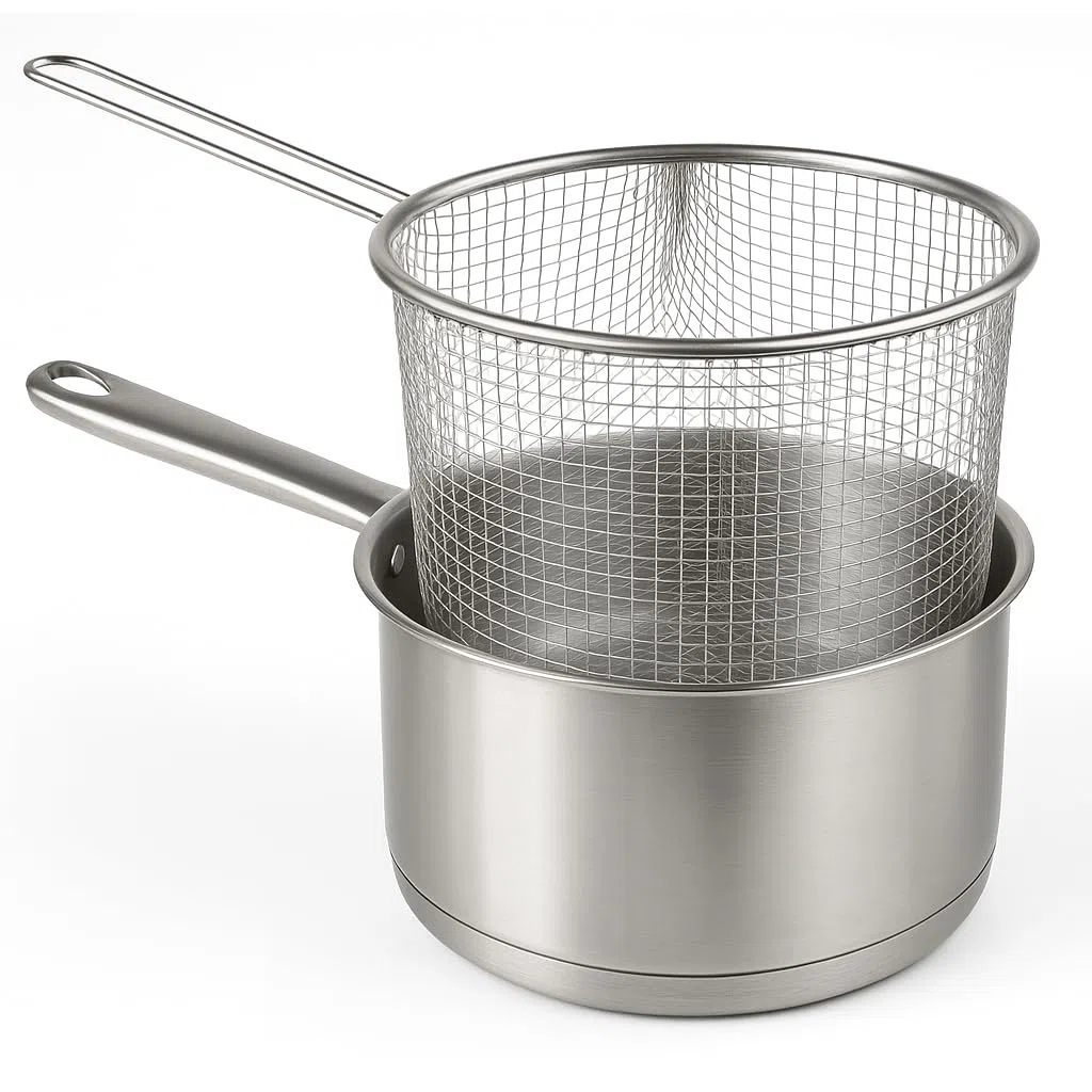 MGE - Cazo de Cocina con Cestilllo Freidor - Cazo Acero Inoxidable con Cesto Freidora - Cazuela Freidora con Cestillo - Ø 16 cm