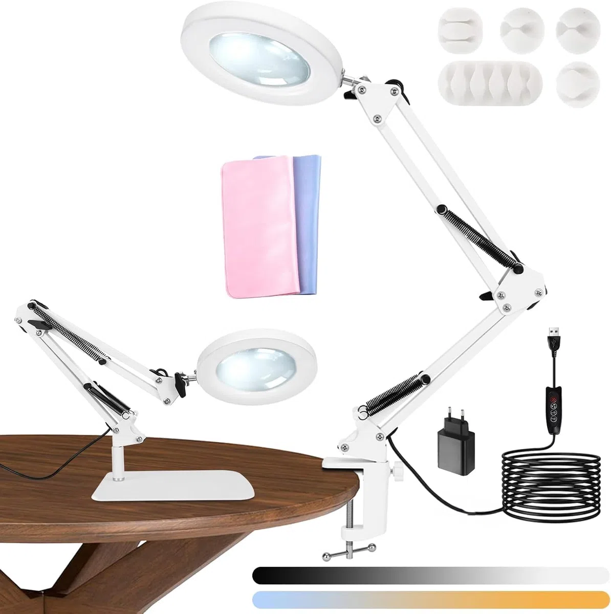 Lupa con iluminación y soporte, 10 x LED ajustables, lupa regulable con abrazadera, 3 modos de color para las manos