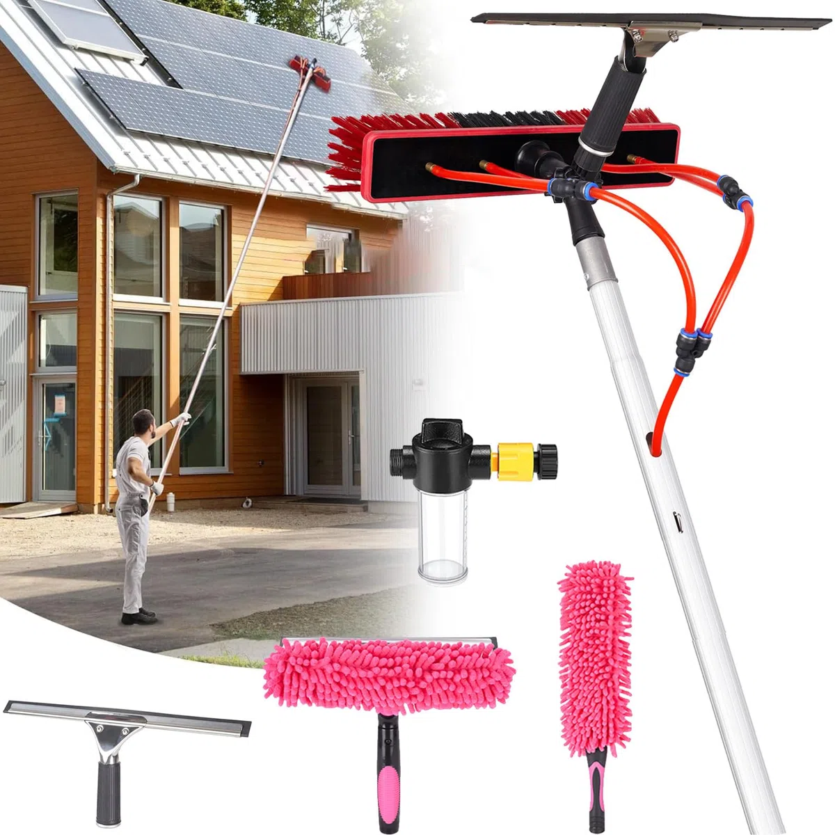 Kit de Limpieza con pértiga telescópica de 14 m: Cepillo con Suministro de Agua, rasqueta, Plumero, dispensador de jabón y Manguera de 20 m para Paneles solares, Ventanas, techos y
