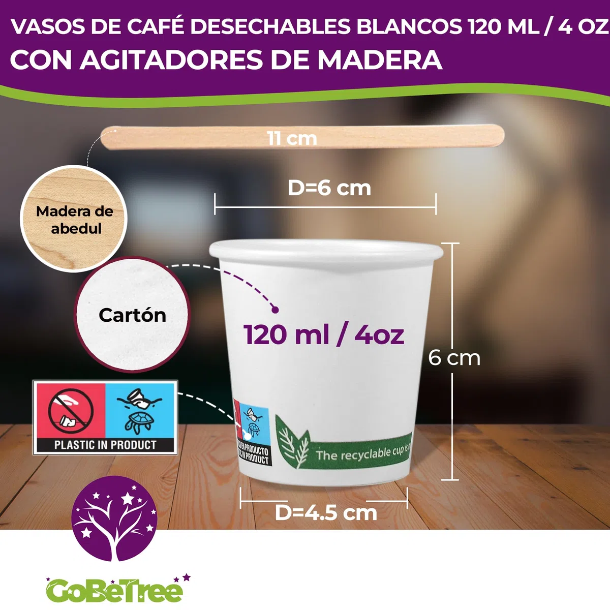 GoBeTree 400 vasos desechables café blancos de 120 ml / 4oz, vasos de cartón blanco desechable con paletinas de madera para café. Para bebidas frías y calientes.