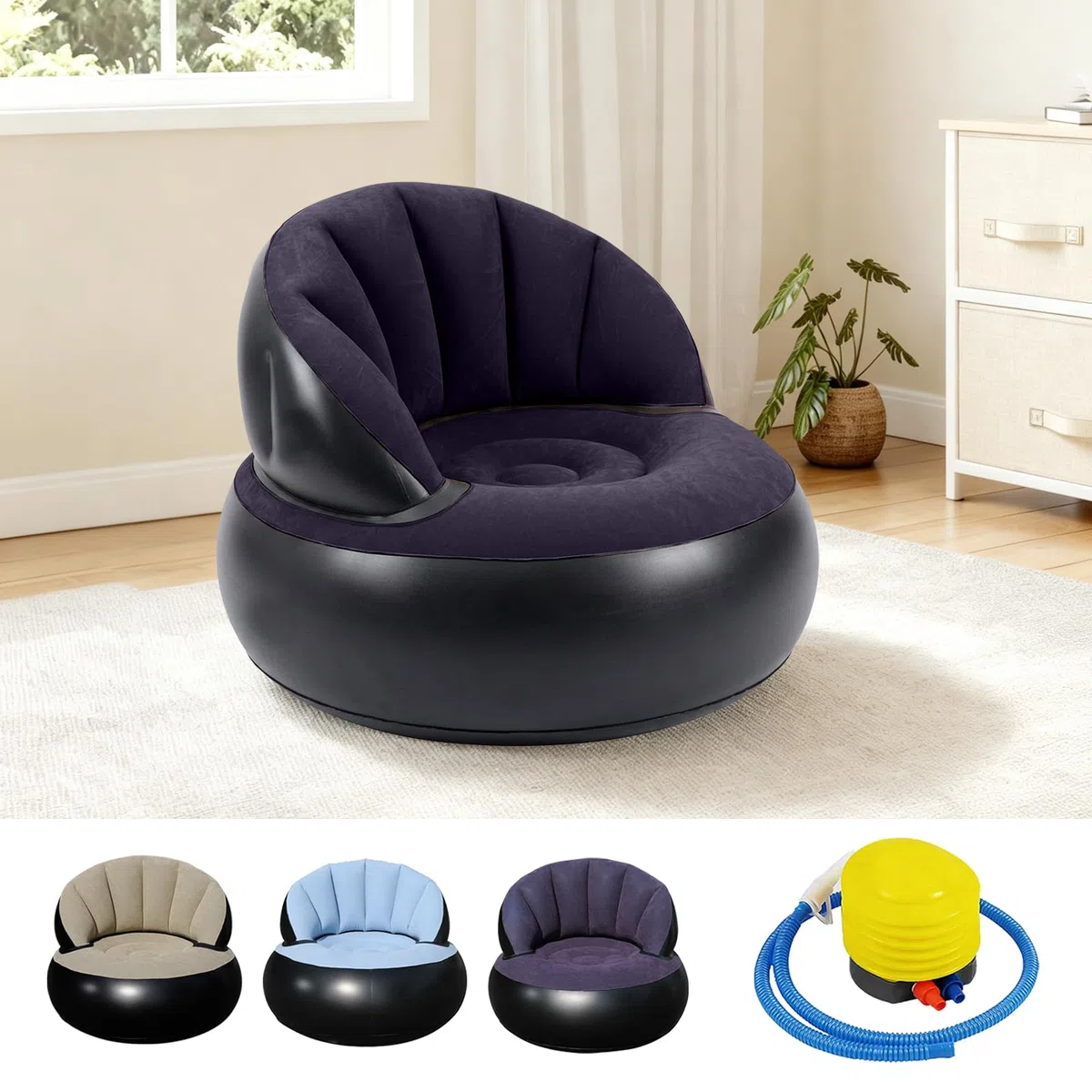 Sillón hinchable con bomba, sillón de aire plegable para interior y exterior, cómodo sofá hinchable para adultos y niños, puf portátil de repuesto para salón, camping, balcón (azul oscuro)