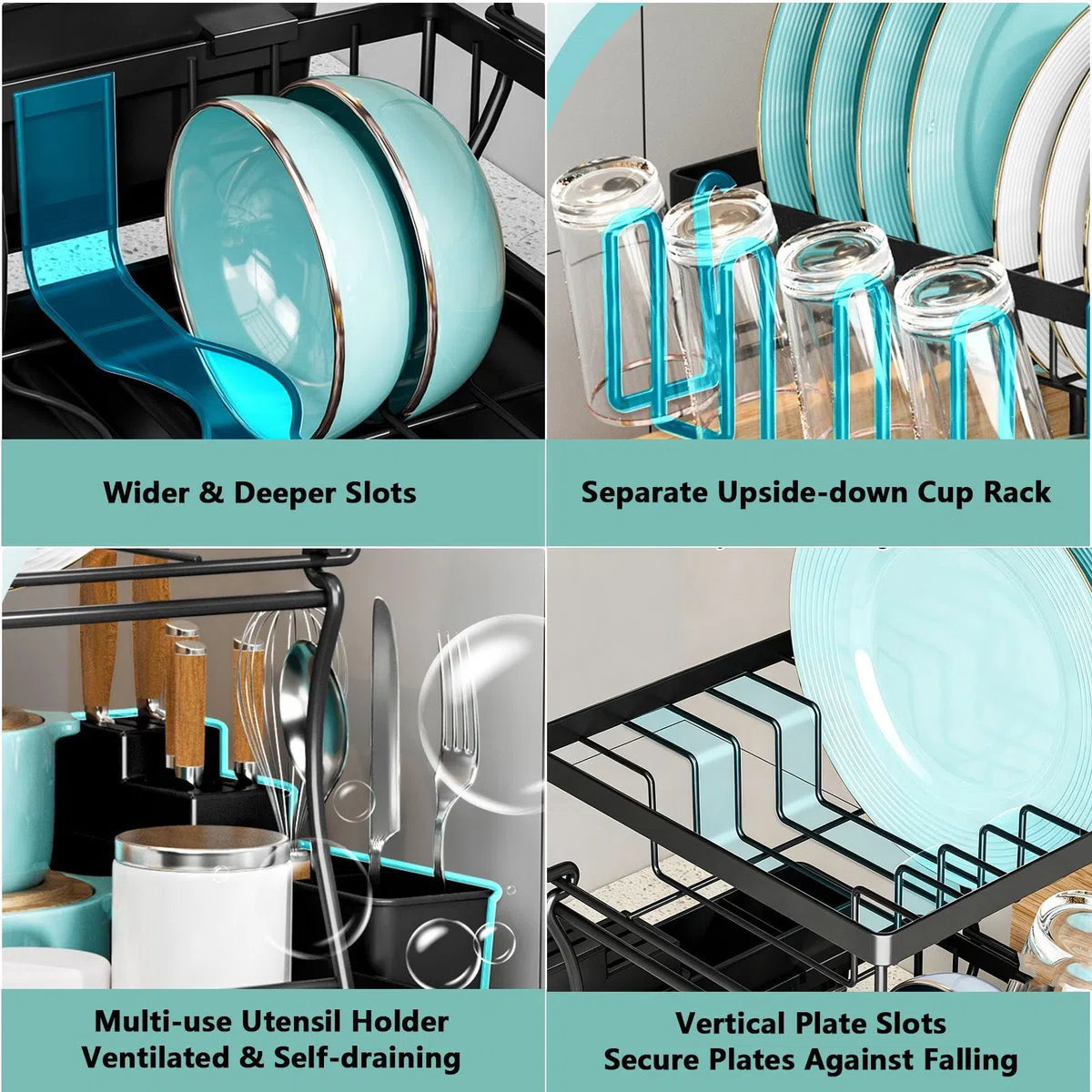 Escurridor de Platos de 2 Niveles con Bandeja y Boquilla giratoria, Porta Cubiertos Desmontable y Organizador de Vasos, para Platos, Cuencos, Vasos y Cubiertos,Negro