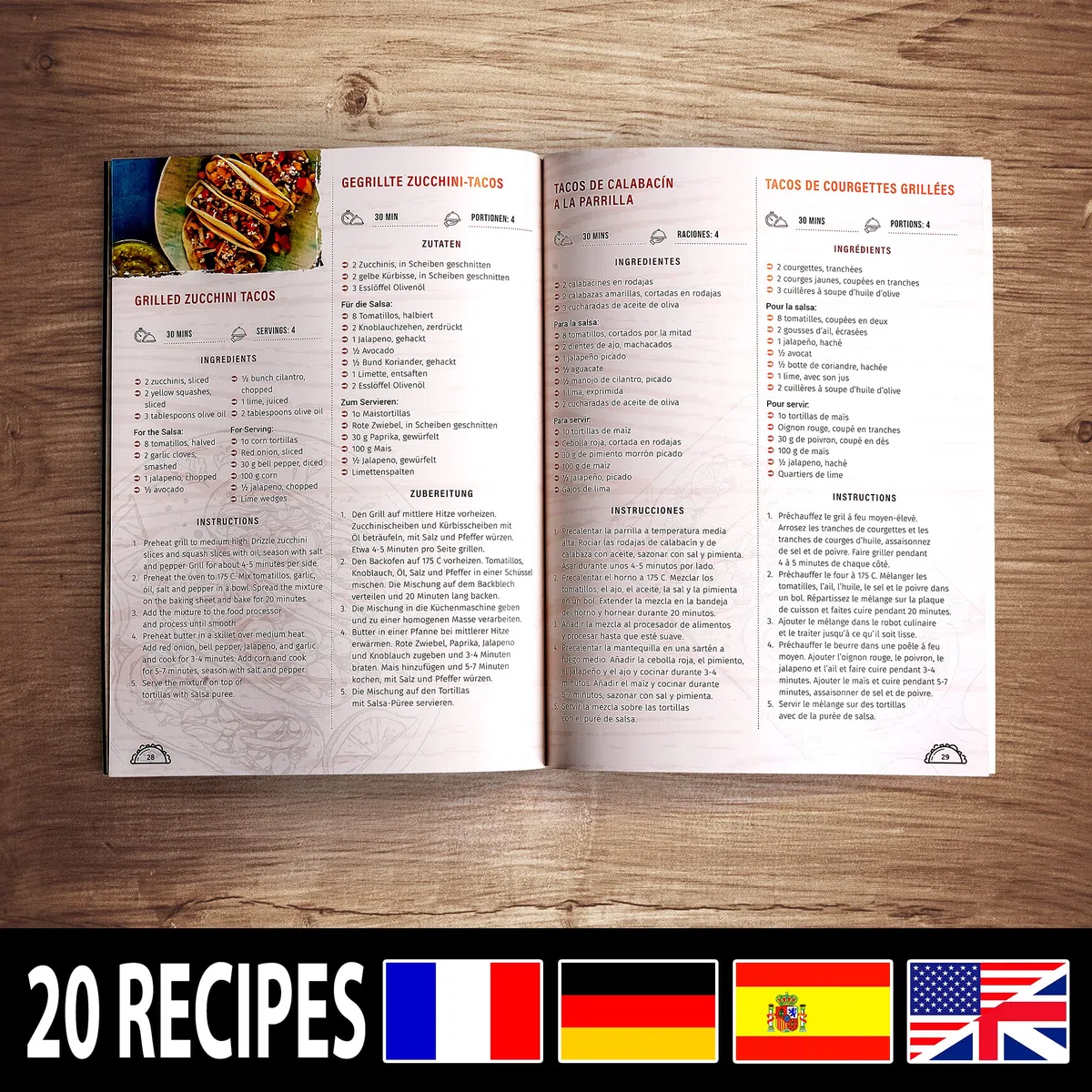 Tortillada - Juego de soporte para tacos/Hotdog hecho de acero inoxidable para hasta 6 tacos - incl. bandeja de servicio hecha de madera, tazones de inmersión de cerámica y libro de recetas
