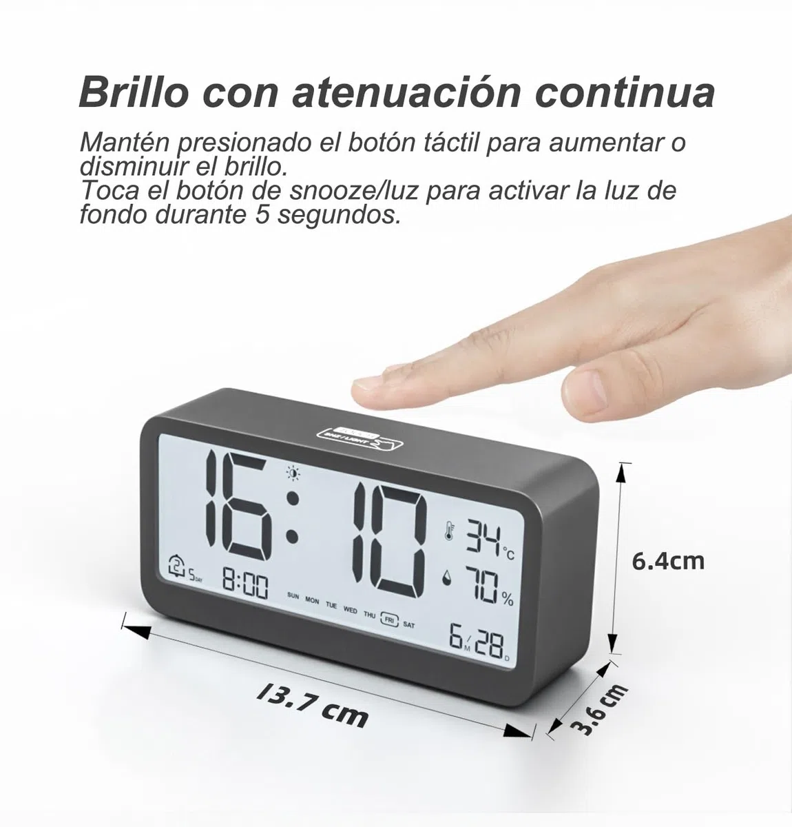 Reloj Despertador Digital a Pilas con Calendario | Temperatura | Humedad | Pantalla LCD | Doble Alarma | Repetición y Retroiluminación Reloj Pequeño de Sobremesa (Negro)