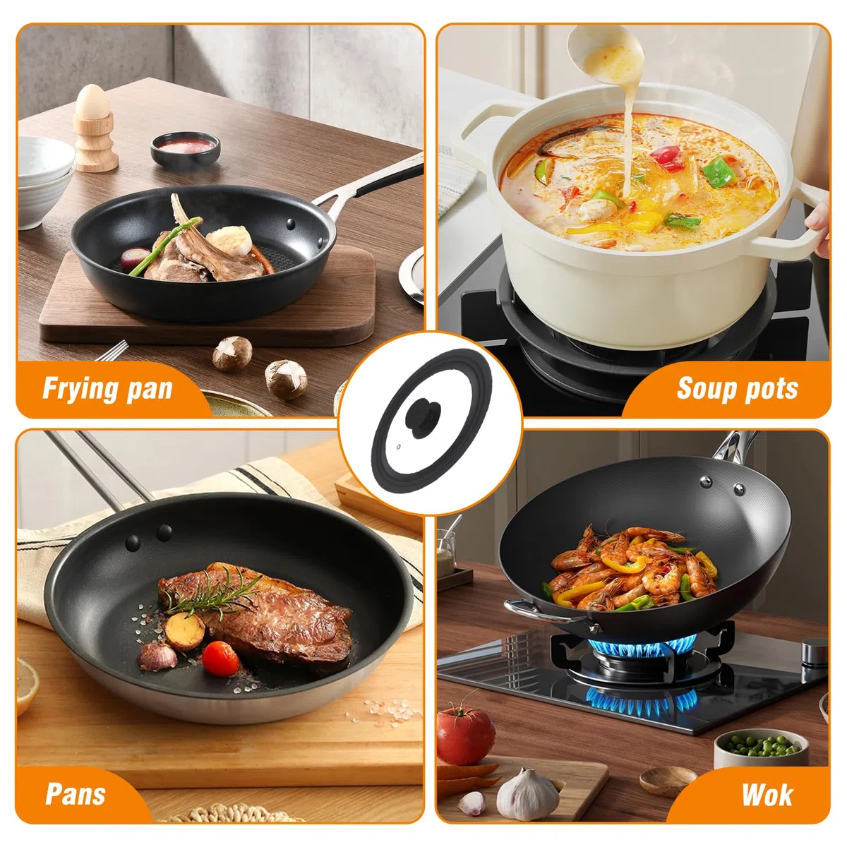 Tapa Sarten Universal para 28cm / 30cm / 32cm Diámetro, Tapas Cristal con Borde Silicona Graduado & Orificio Vapor, Tapa Resistente Calor Multiusos para Sartenes, Ollas, Cacerola (Negro)