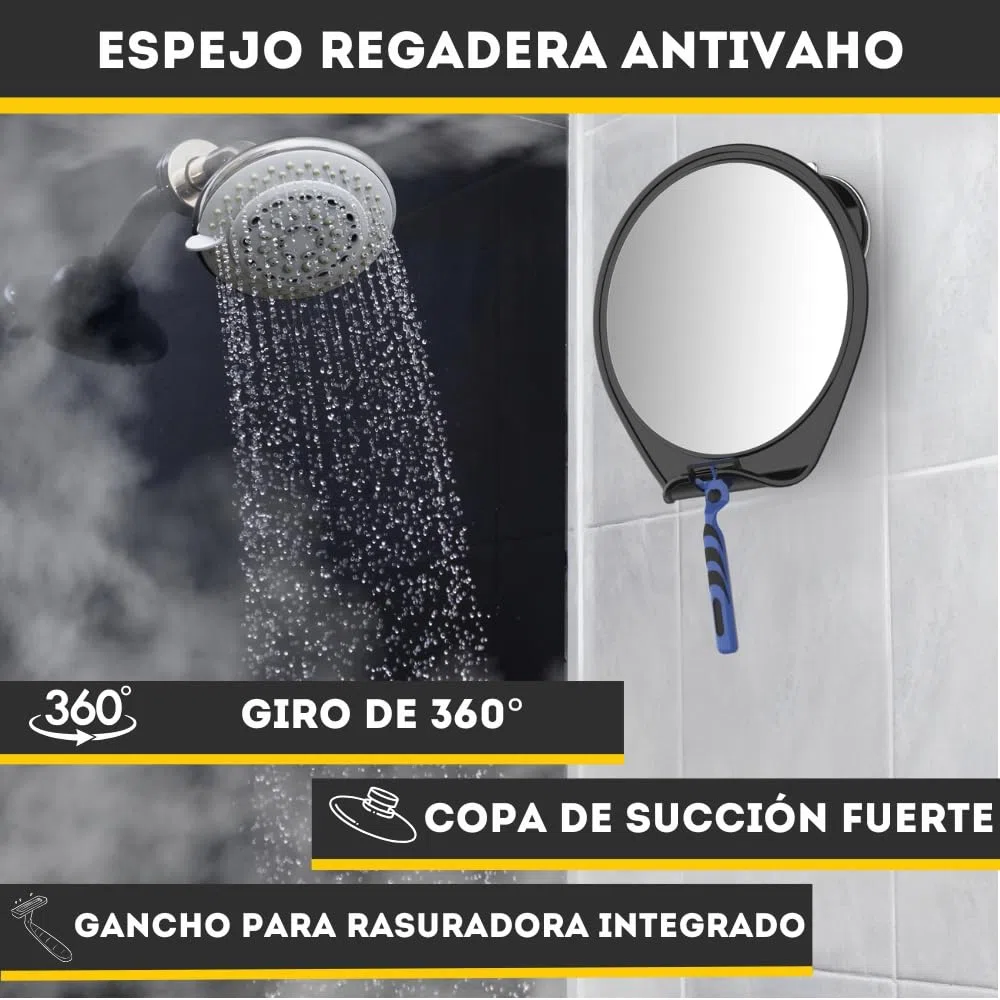 HONEYBULL Espejo de Afeitado antivaho, Espejo de Ducha, Espejo Adhesivo para afeitarse con Ventosa y Giratorio (Negro)