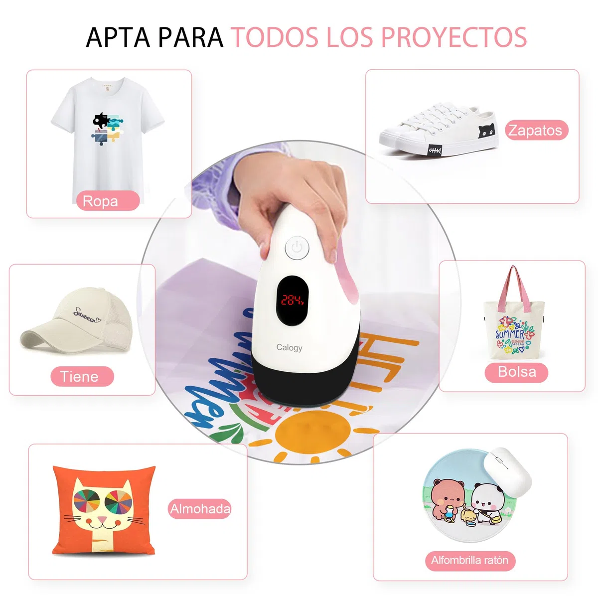 Calogy Mini Prensa De Calor, Impresora De Transferencia De Calor, Plancha Led Pequeña Y Portátil, Control De Temperatura, Base De Seguridad Aislada, Se Adapta A Manualidades, Gorras (Blanco Rosa)