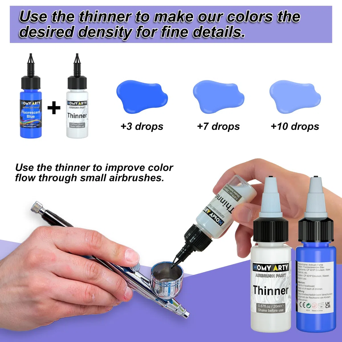 HOMY ARTY Pintura de Aerógrafo, 30 Colores Acrílico con 3 Diluyentes de Aerógrafo, a Base de Agua, Pintura Aerógrafo para Metal, Modelos de Plástico, Lienzo