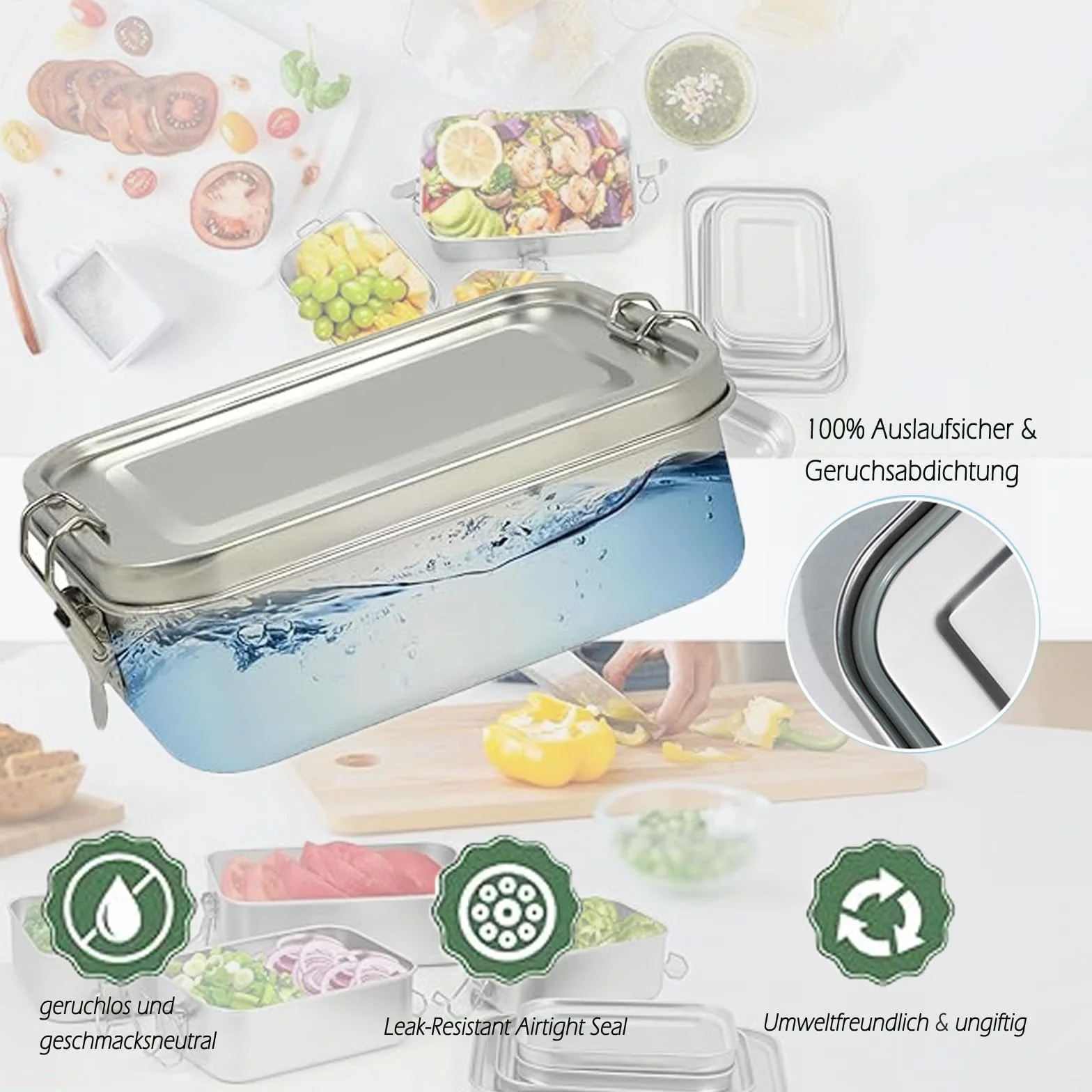 Juego de 4 cajas de acero inoxidable 304 para alimentos, ensaladas y comidas restantes, a prueba de fugas, de acero inoxidable grande (550 x 2/850/1400 ml)