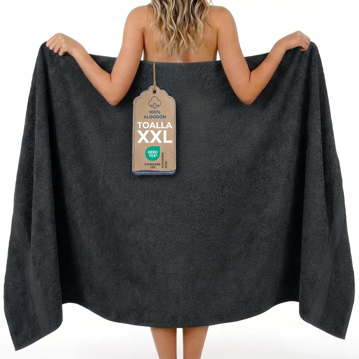 Twinzen Toalla de Baño Grande 100x200 cm – Toalla XXL de Algodón 100%, Absorbente y Suave, con Cinta para Colgar, Certificada Oeko-Tex, Antracita