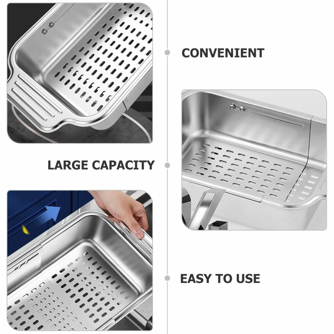 BESPORTBLE Cesta Coladora Expandible de Acero Inoxidable 304 para Fregadero, Escurridor Grande (34-44 Cm), Filtro de Residuos de Cocina y Colador para Verduras y Frutas