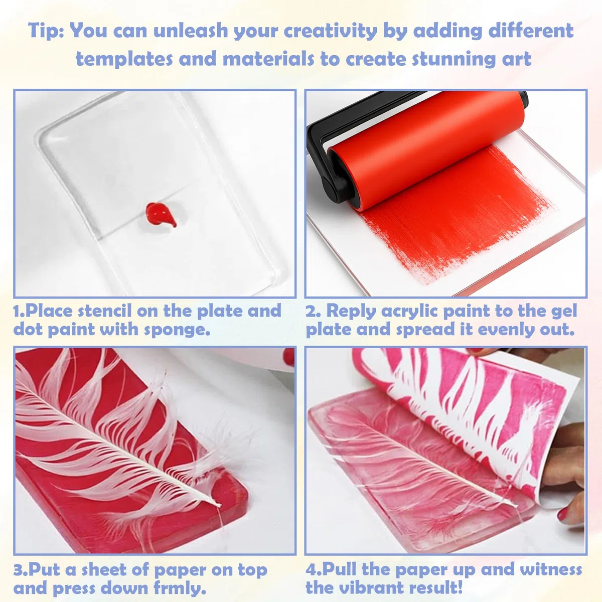 Almohadilla de impresión de gel con pincel, placa de gel reutilizable para monoimpresión, estampado y arte de textura, incluye mini cepillo de rodillo, herramienta de arte no tóxica para principiantes