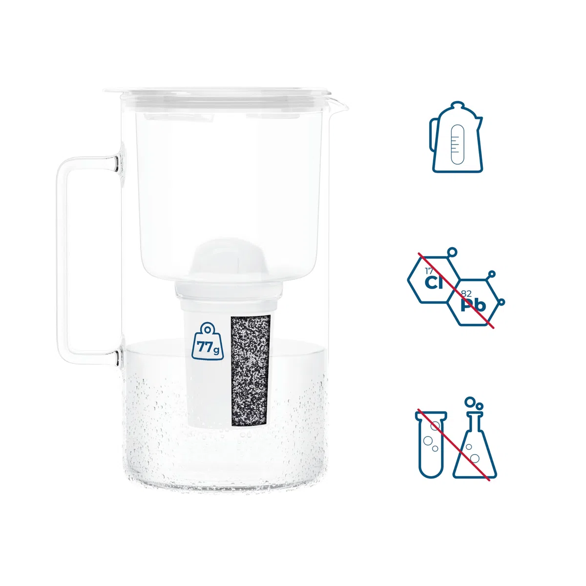 Wessper Jarra Filtrante de Vidrio con cartuchos filtrantes para Agua Potable de 2 l, Jarra filtrada con Contador Inteligente, Kit que Incluye 1 filtro de Carbón Activo- Blanco