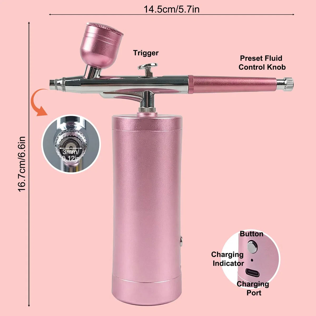Kit de Aerografo con Compresor, Aerógrafo Portátil Inalámbrico Recargable, Multifunción Airbrush Kit, Aerografo para Uñas, Modelismo, Maquillaje, Decoración Pasteles (Rosa)