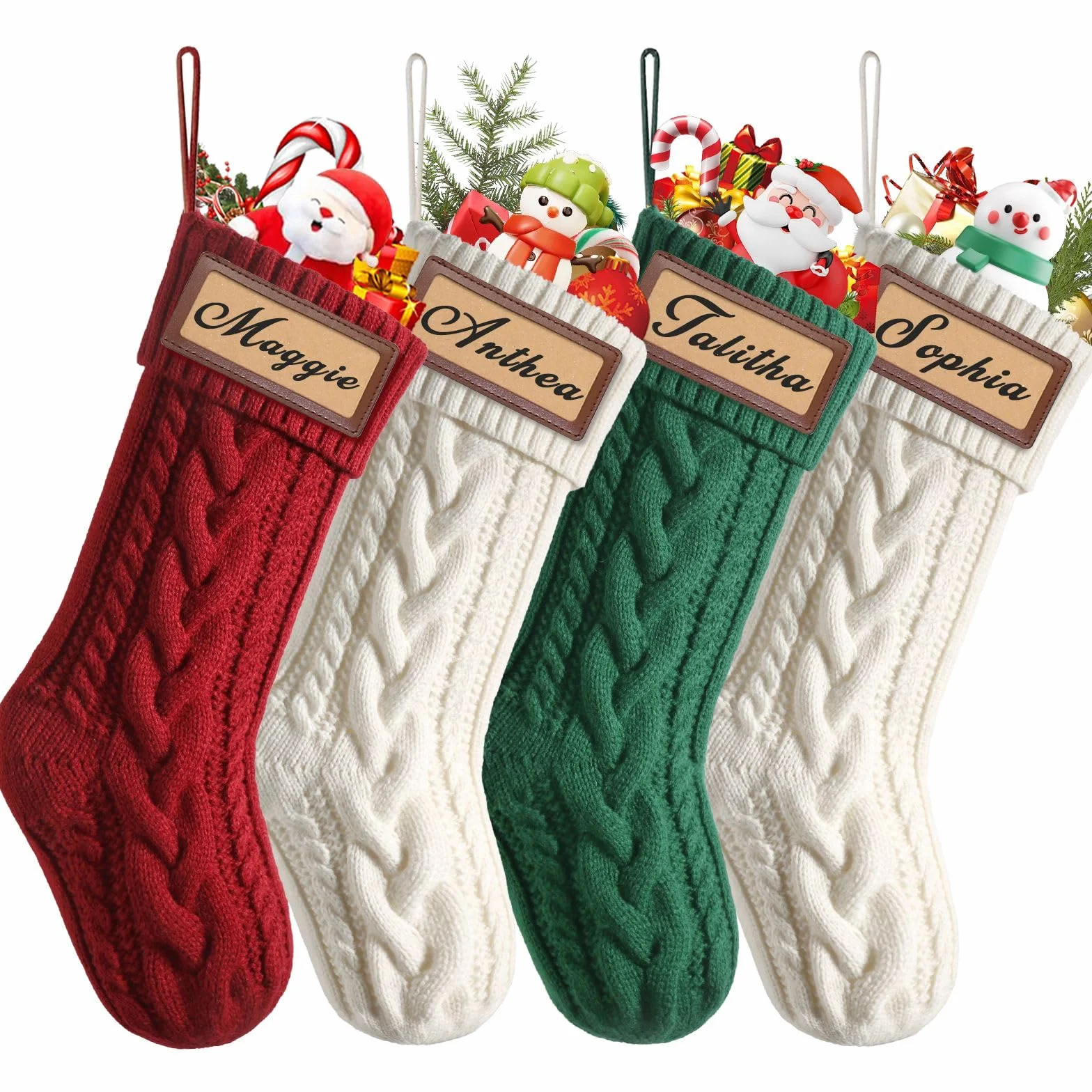 Weldomcor 4 Piezas Calcetines Navidad Personalizados con Nombre, 46 cm Medias de Navidad de Punto Navidad Chimenea Árbol de Navideña Calcetín de Decoración para Llenar y Colgar (Rojo, Blanco, Verde)