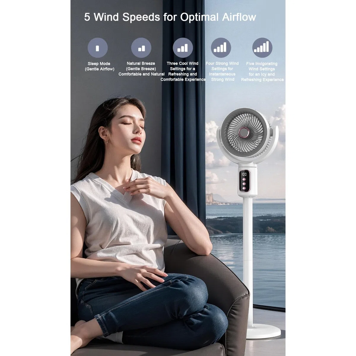 Ventilador De Pedestal Oscilante Batería de 4000 mAh, 5 velocidades | Ventilador Circulador De Aire Para Propietarios Inquilinos Estudio Oficina Dormitorios Apartamento