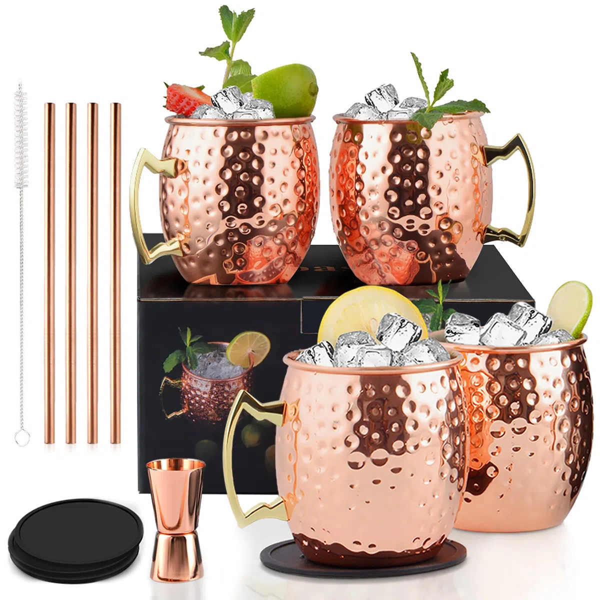 Yoassi 4 SETS 530ml Moscow Mule Tazas de Cobre Moscú Copas de Cóctel Martillado Hecho a Mano, con 4 Posavasos, 4 Pajitas, 1 Cepillo de Limpieza, 1 Taza Medidora, 1 Caja Elegante de Regalo