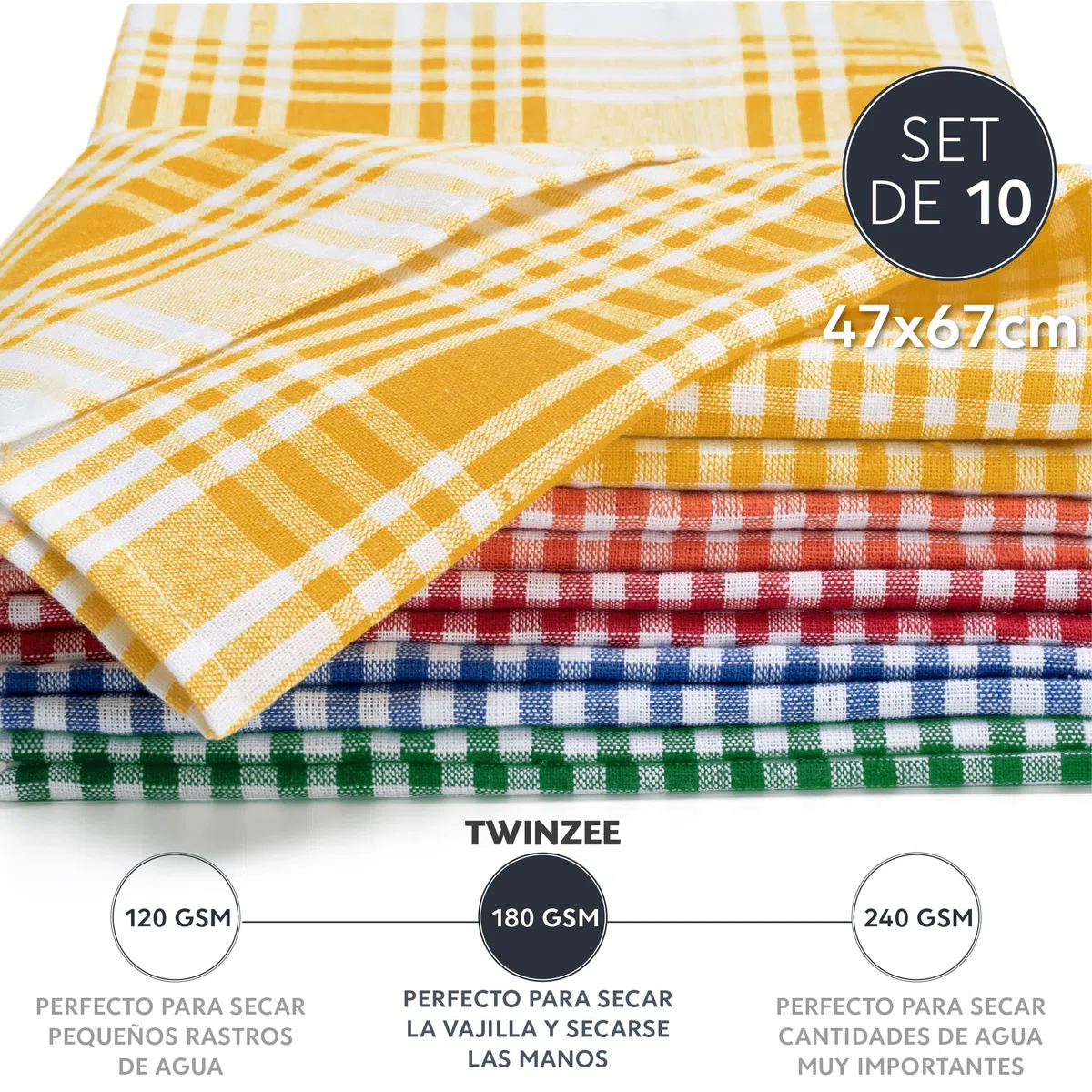 Twinzee - Set de 10 Textiles de Cocina a Cuadros - 100% Algodon - 47 x 67 cm - Diseño Retro - Paños de Cocina para secar la vajilla y Las Manos - 2 Azul, 2 Rojo, 2 Verde, 2 Naranja, 2 Amarillos