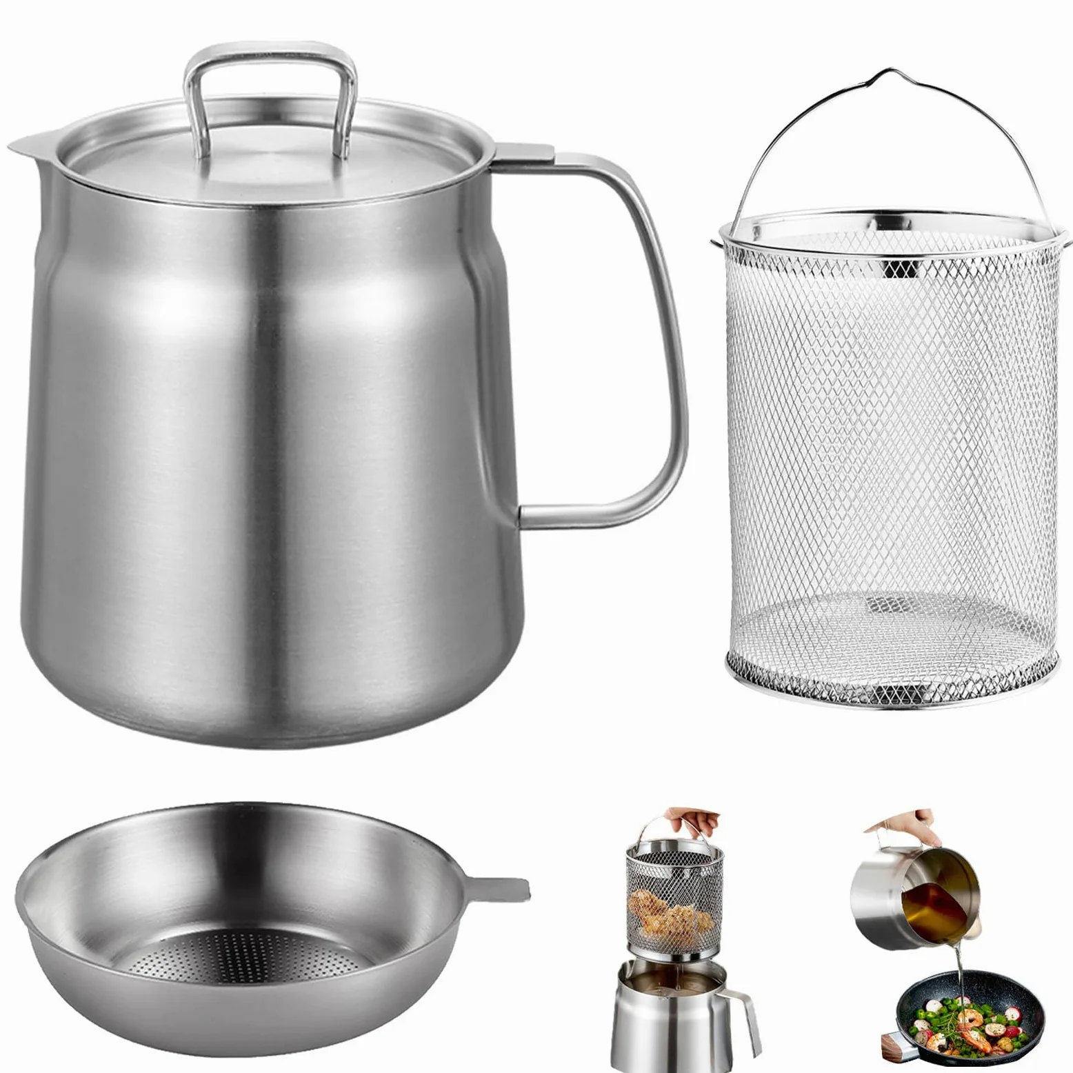 Freidora Acero Inoxidable con Filtro Malla Fina & Cesta, Olla Colador Versátil Tapa Polvo Prueba & Engrasadores, Recipiente Cocina Aceite Capacidad Gran para Grasa, Freír, Cocinar Almacenar (2 L)