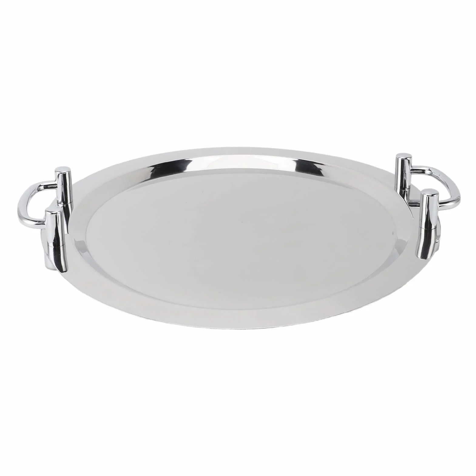 Hztyyier Bandeja de Acero Inoxidable, Bandeja de Metal Multifunción con Asa, para Eventos de Buffet y Catering (Forma Redonda con Mango Plateado, 43 cm.)