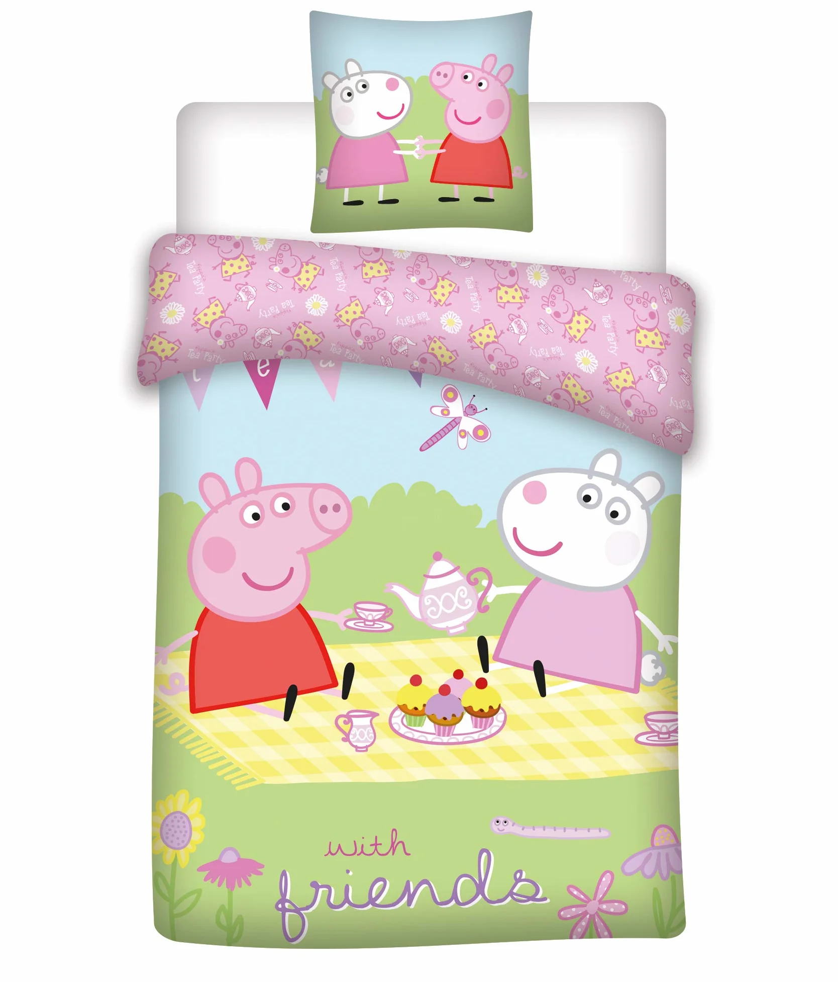 035 Peppa Pig - Ropa de Cama para niños, Ropa de Cama de Peppa Pig con Amigos, Funda de Almohada de 40 x 60 + Cama de 100 x 135 cm, 100% algodón Oeko-Tex | Ropa de cama bebé reversible | Algodón certificado Oeko-Tex | Peppa Pig | Niña 0-3 | Cuna | Regalo