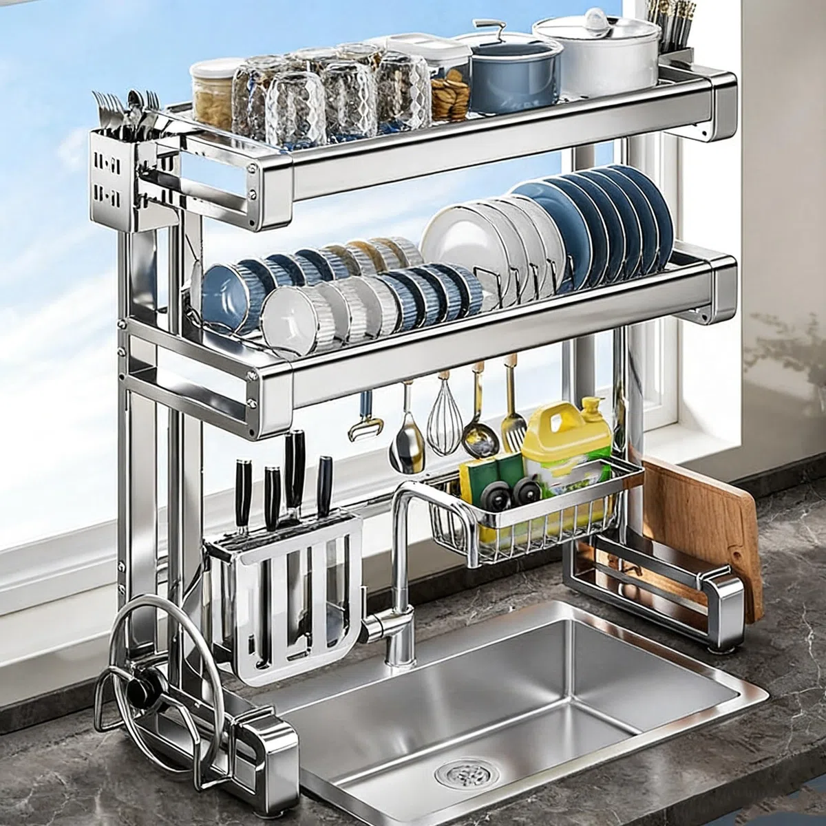 Estante multifuncional para platos sobre el fregadero, estante de metal de doble capa para cocina y almacenamiento, perfecto para platos, vasos, cuencos y cubiertos (97 cm)