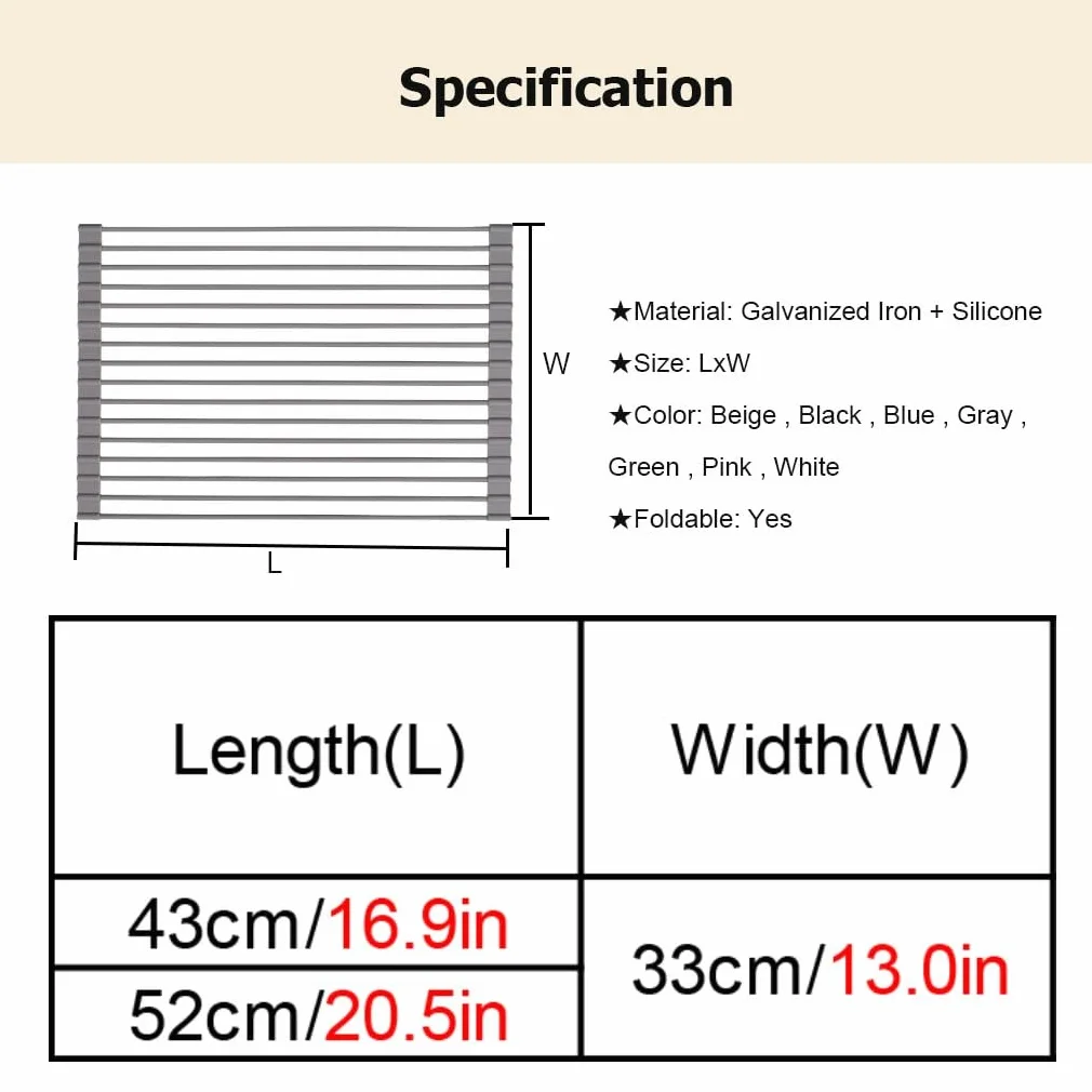 Escurridor de platos enrollable multiusos, escurridor de cocina plegable para colocar sobre el fregadero, barra de acero inoxidable con cubierta de silicona completa, escurridor antideslizante para e