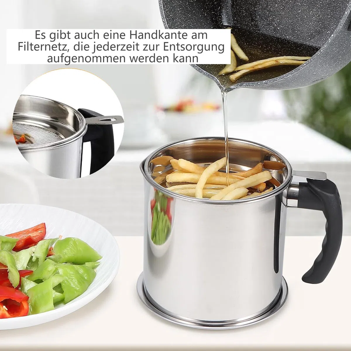 LATRAT Recipiente para grasa de tocino con colador, olla de grasa con mango ligero, depósito de acero inoxidable a prueba de polvo para almacenar aceite de fritura y grasa comestible, mango negro