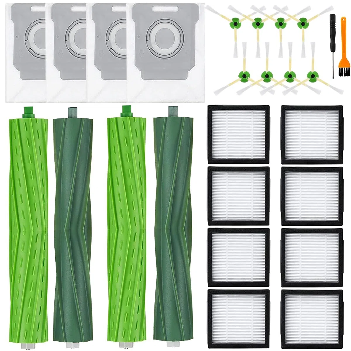 Kit de Accesorios para iRobot Roomba i7+ i3+ i4+ i6+ i8+ Robot Aspirador, Kit de Repuesto 4 Cepillos de Goma, 4 Bolsas de Polvo, 8 Filtros HEPA, 8 Cepillos Laterales
