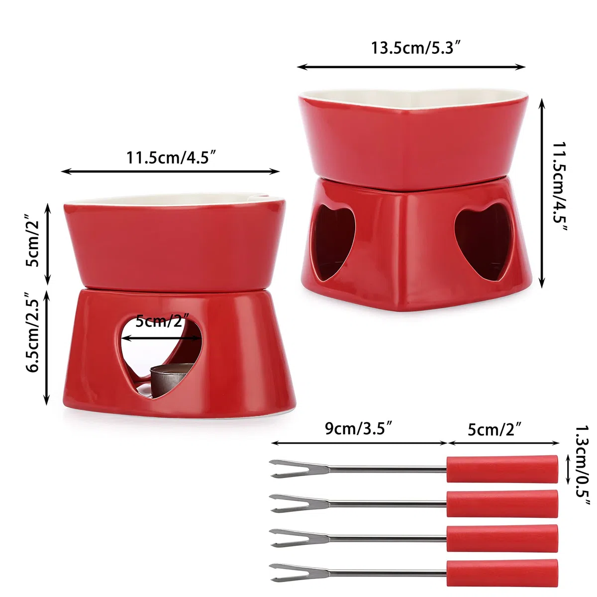 Juego de fondue de cerámica para chocolate con forma de corazón, olla para fondue de queso de porcelana con 4 tenedores, 320 ml, mini quemador resistente al calor, fondue para dulces