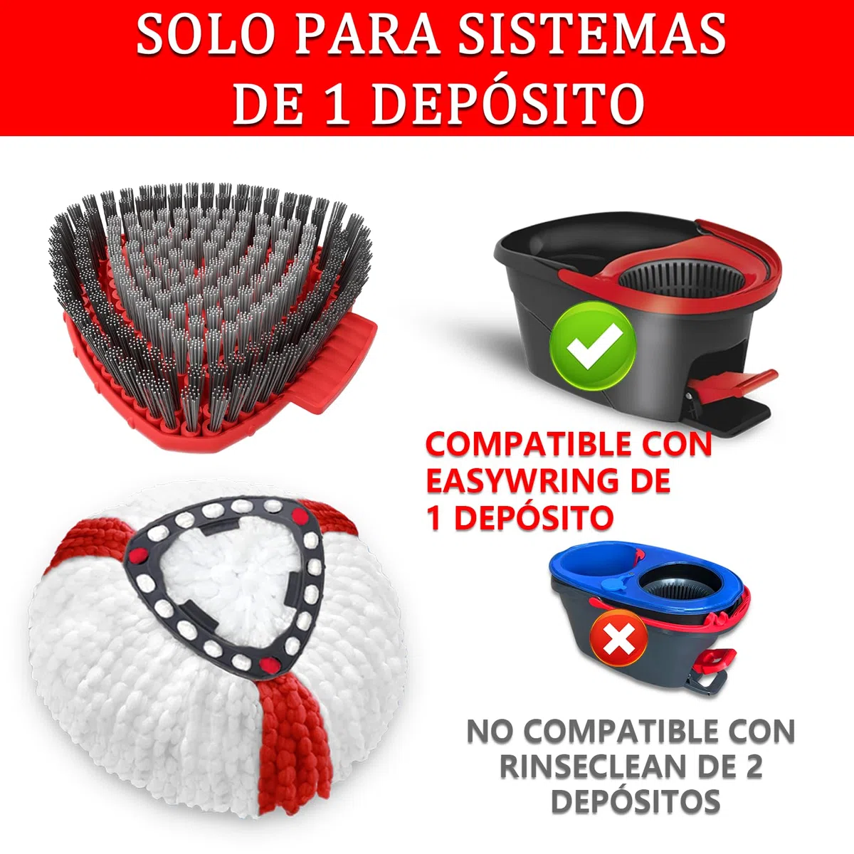 Funda de recambio para Turbo 2 en 1, cabezales de recambio para fregona y fregona con 4 cabezales de microfibra, 1 palo, 1 base y 1 cepillo, apta para todo tipo de suelos