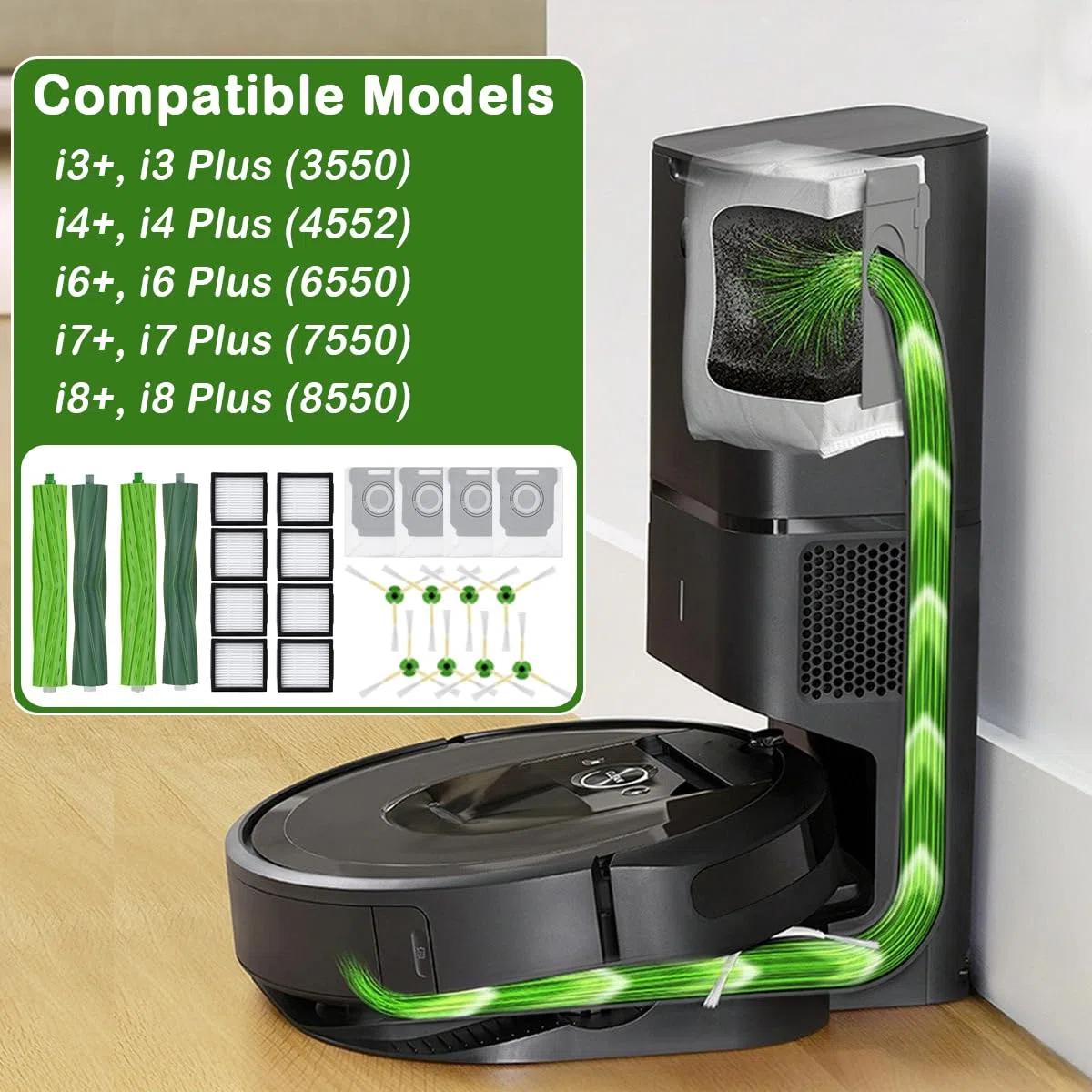 Kit de Accesorios para iRobot Roomba i7+ i3+ i4+ i6+ i8+ Robot Aspirador, Kit de Repuesto 4 Cepillos de Goma, 4 Bolsas de Polvo, 8 Filtros HEPA, 8 Cepillos Laterales