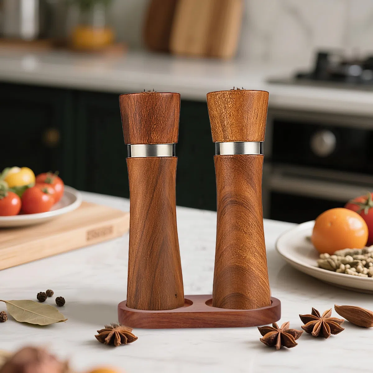 Bandeja para Molinillo de Sal y Pimienta, 2 Compartimentos Soporte Molinillo Pimienta General Soporte de Madera Sal Organizador Condimentos para Cocina Hogar y Suministros