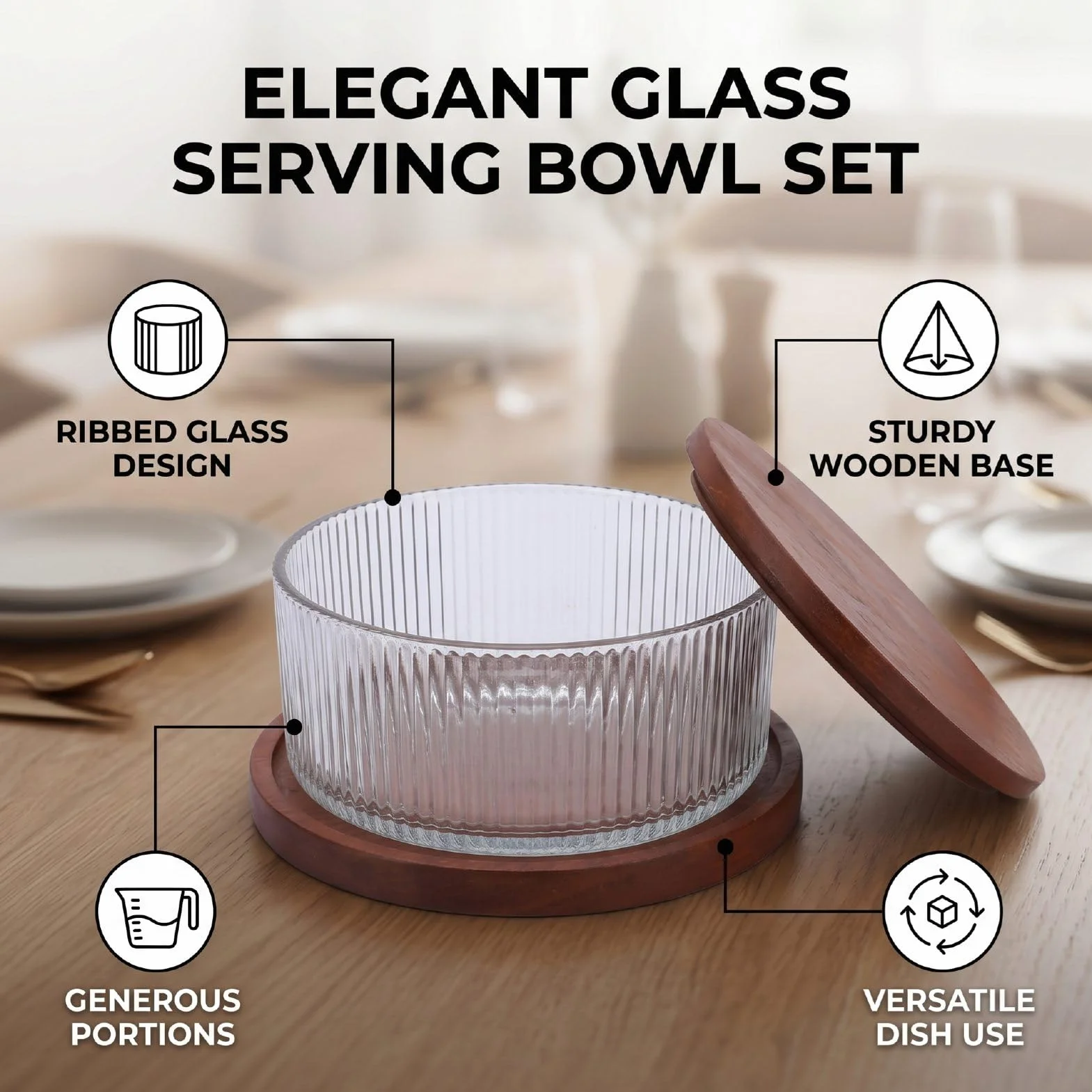 Haofy Ensaladera de Vidrio 9.06x5.91x5.71 Pulgadas 1700g Tazón de Vidrio Acanalado de Gran Capacidad con Tapa de Madera, Tazón Transparente para Servir para Cenas Familiares Ensaladas (claro)
