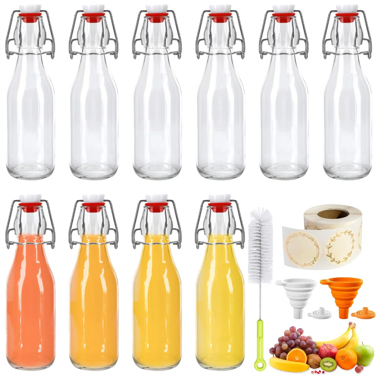 10 botellas de cristal de 250 ml con cierre de clip, para rellenar, incluye etiquetas y embudo, botellas de planchado para rellenar jarabes, bebidas, aceites de cocina, vinagres aromatizados