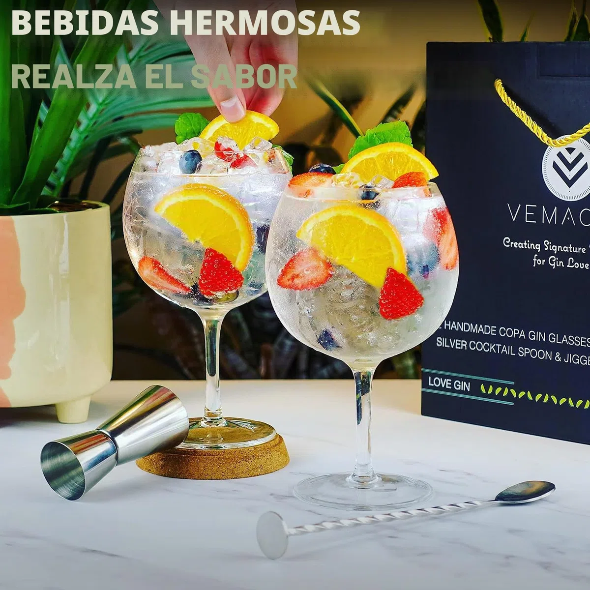 Vemacity Gin Tonic Glass for Gin Lovers - Juego de 2 vasos G&T hechos a mano. Cuchara de cóctel Plata, taza medidora de doble cara y copas de cóctel altas | E-Book Recetas Gratis (INGLÉS)
