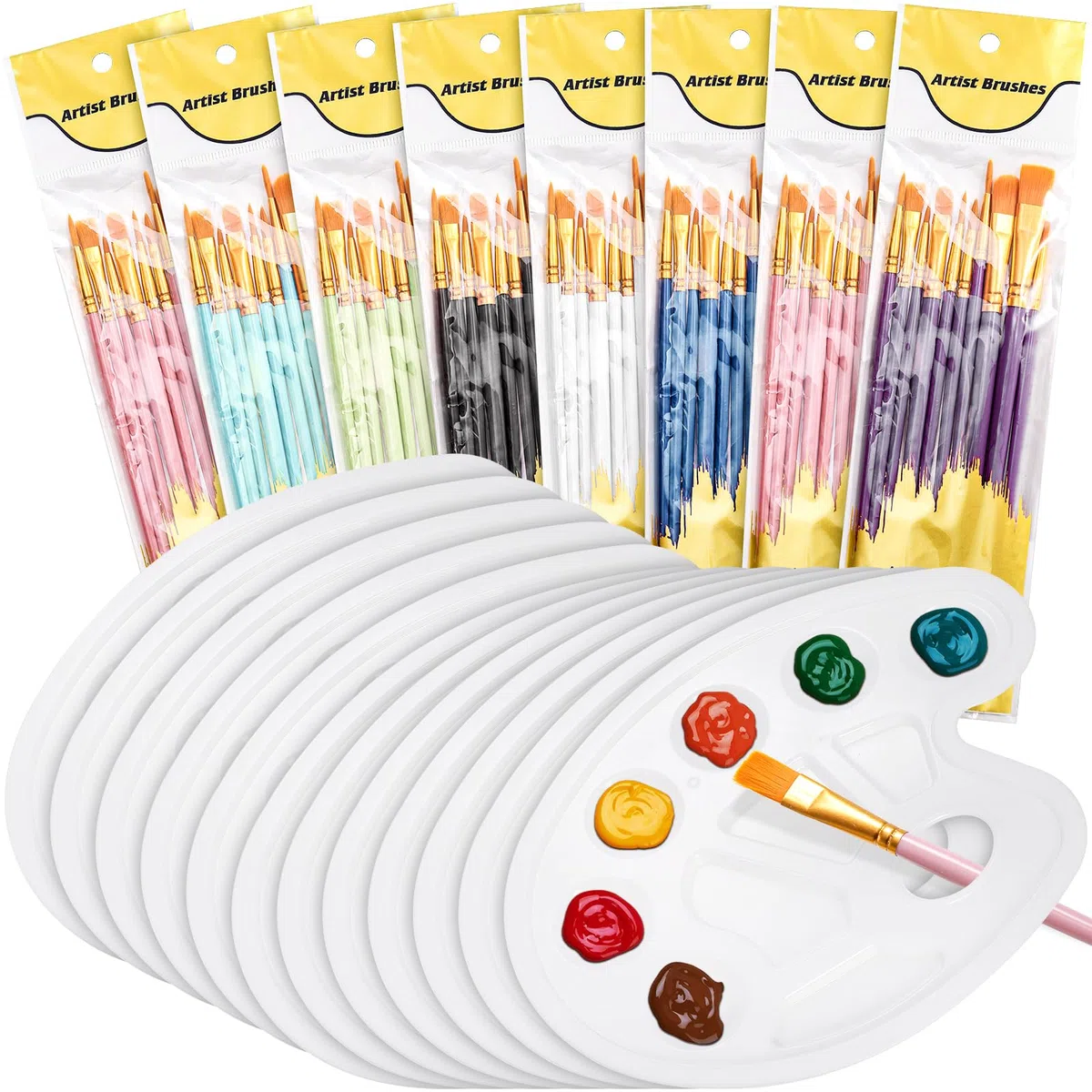 Cedilis Juego de 96 paletas de pinceles de pintura, 80 pinceles y 16 bandejas de paleta de pintura para óleo, acuarela, pintura acrílica, niños, estudiantes, cabezal de cepillo de nailon