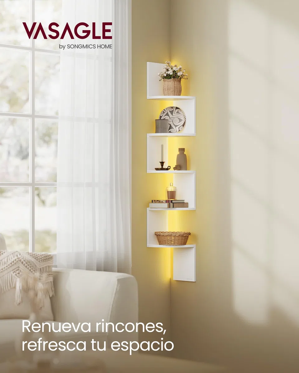 VASAGLE Estantería de Esquina de Pared con Iluminación LED, Librería Esquinera de 5 Niveles, Estante Flotante para Dormitorio, Salón, Baño, con Botón y Control Remoto, Blanco Mate LBC630W01