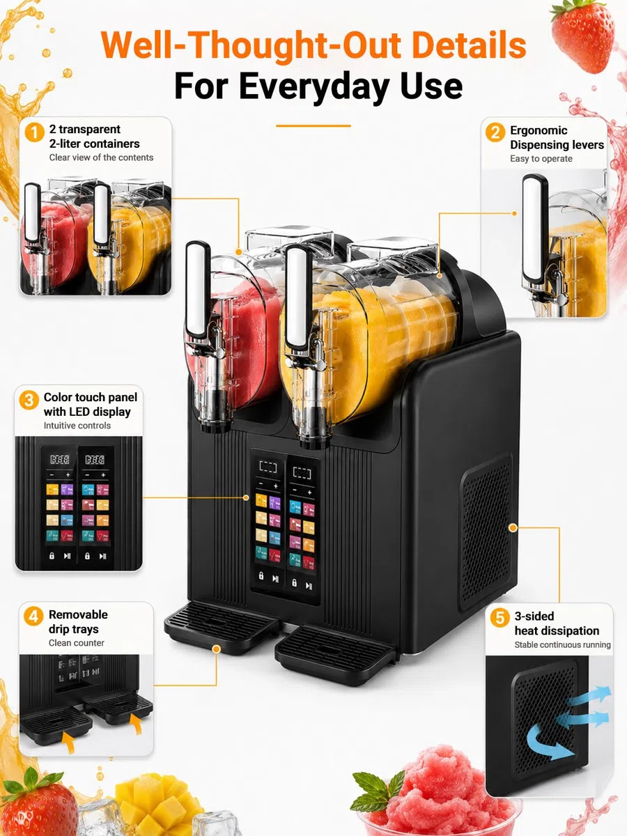 Doble Cabezal Máquina de Granizados y Máquina Soft Serve, 2L Cada Uno White | Dos Depósitos PC de 2L Preparan Dos Sabores; 430 W, Mezcla 360°, Bloqueo Infantil, Autolimpieza y Ventilación por Tres Lados