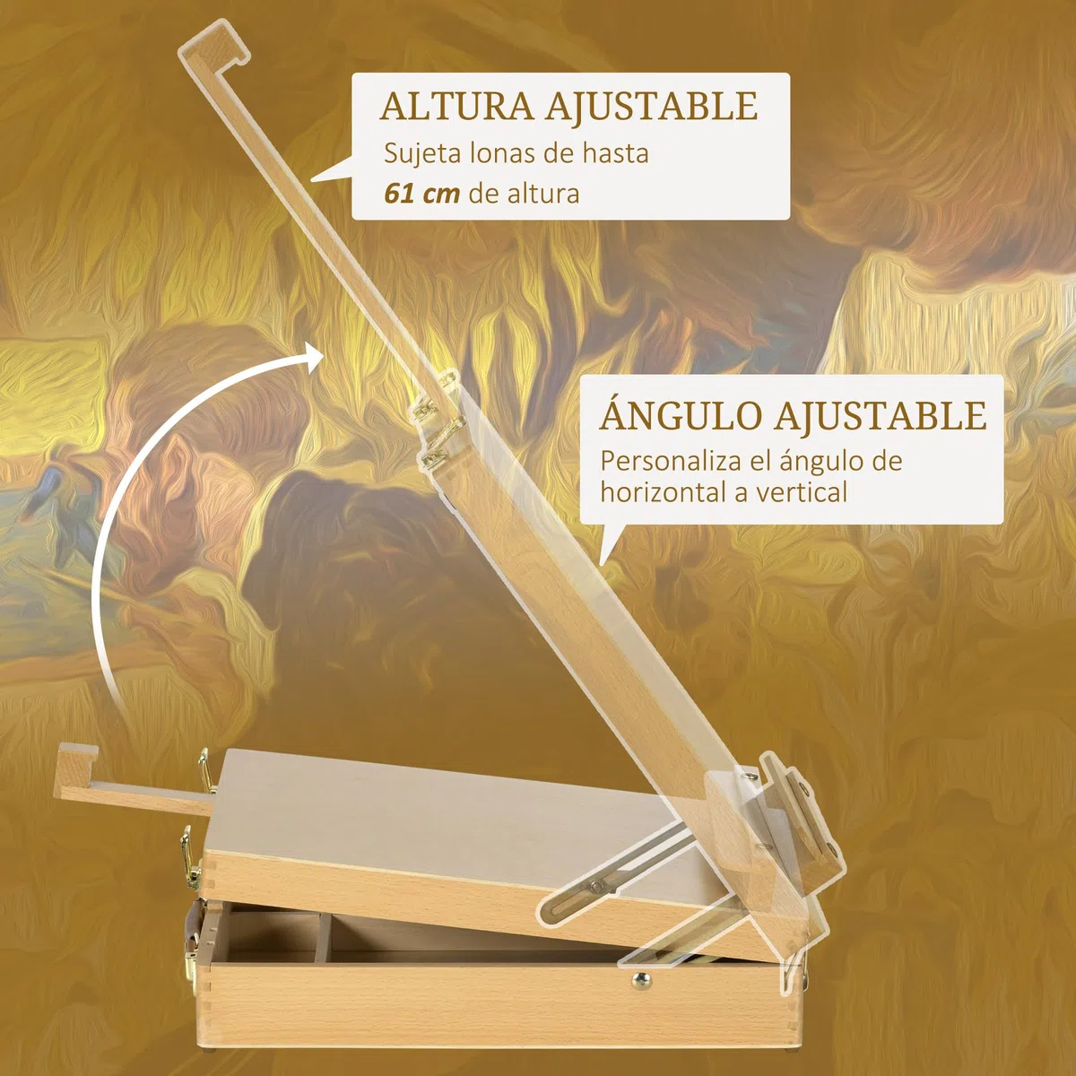 Vinsetto Caballete de Mesa Ajustable Caja de Caballete de Madera de Haya con 5 Compartimentos Tablero de Dibujo y Bocetos Plegable para Adultos Principiantes Artistas 27x41,5x42,5-74,5 cm Natural