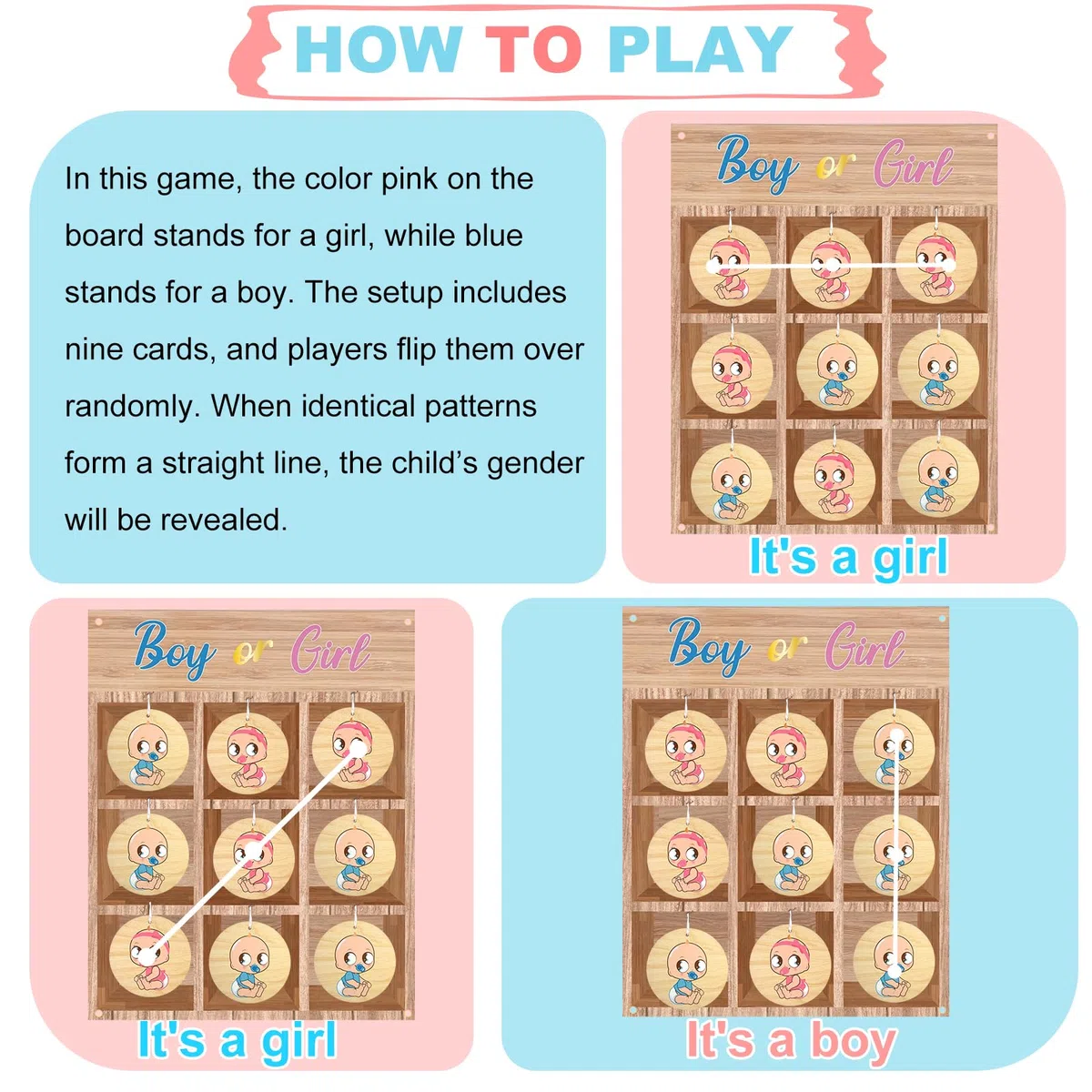ANPUNAT Juego para Bebés, Juego de Tres en Raya para Revelar el Género del Bebé (Niño o Niña), Kits de Decoración para Baby Shower y Anuncios de Embarazo