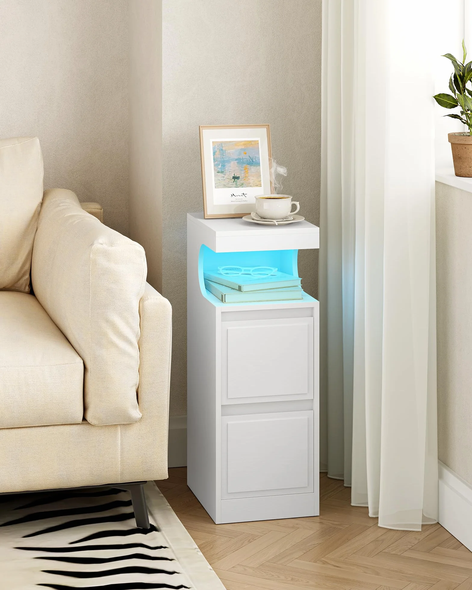 Hzuaneri Mesilla de Noche con LED, Mesas Auxiliares con 2 Cajones, Mesilla de Noche con Compartimento Abierto, luz Regulable, para Dormitorio, Salón, 30 x 24 x 65 cm Blanco NS39113X