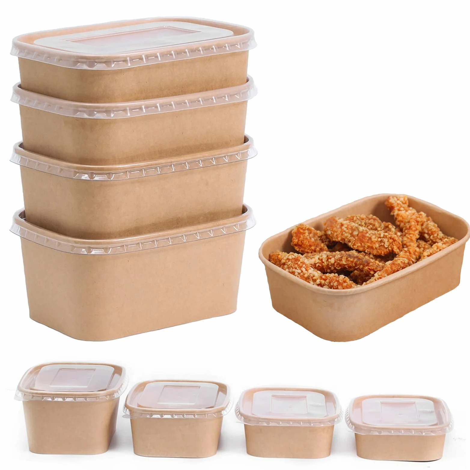 Recipientes rectangulares de 750 ml Kraft para alimentos de almacenamiento de cartón reciclable con tapas para llevar comida preparada para congelador (100) (ED-41025)